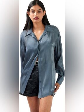 Free People Teal Silky Top Collar Long Sleeve Pearl Snap Buttons - Size XL
